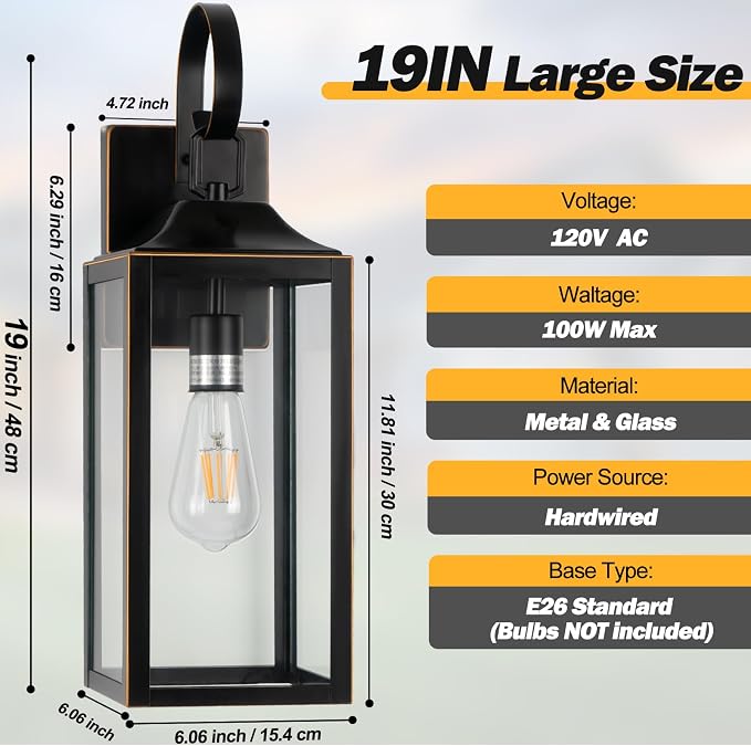 19" Large Outdoor Wall Light Fixtures, 2 Pack Black Exterior Light Fixtures - Image 2