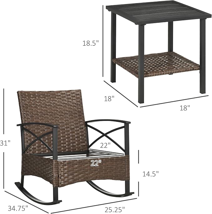 Outsunny 3 Piece Patio Rocking Chair Set, Outdoor Wicker Bistro Set - Image 7