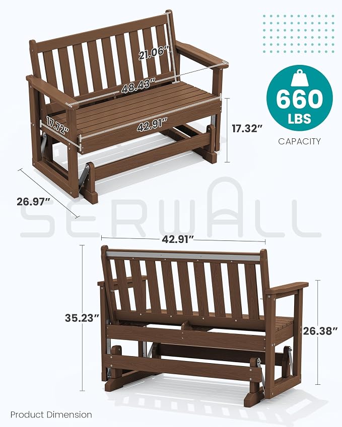 SERWALL Outdoor Glider Bench Set of 4, HDPE Weather-Resistant Swinging Bench - Image 2