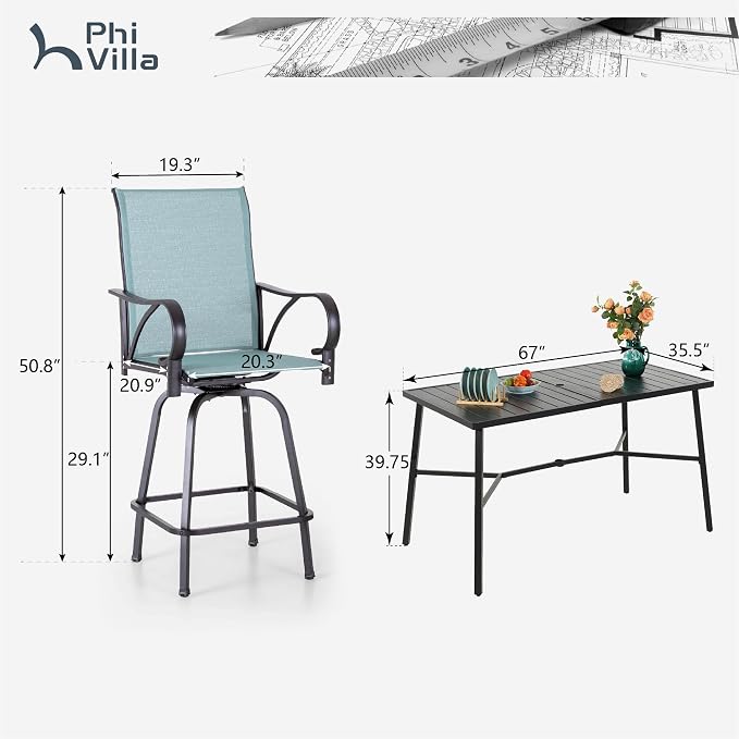 PHI VILLA 7 Piece Outdoor Bar Dining Set, High Top Patio Table and Chairs - Image 9