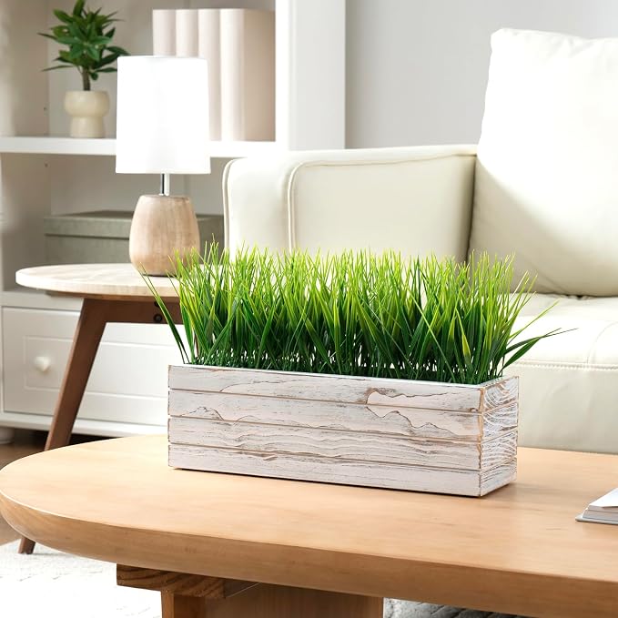 MyGift 14 Inch Artificial Green Grass Plant in Shabby White Washed Wood Planter - Image 4