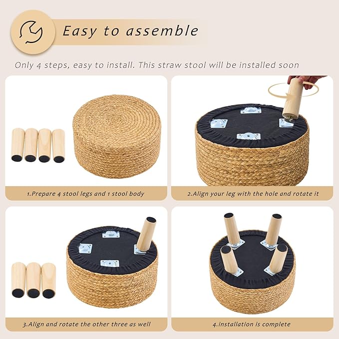 Handwoven Round Ottoman, Natural Water Hyacinth Outdoor Patio Pouf Seagrass Low - Image 7