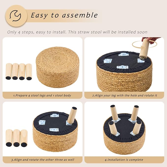 Handwoven Round Ottoman, Natural Water Hyacinth Outdoor Patio Pouf Seagrass Low - Image 8
