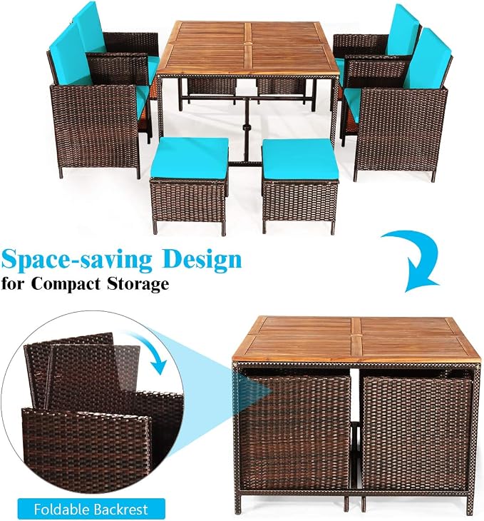 Tangkula 9 Pieces Acacia Wood Patio Dining Set, Space Saving Wicker Chairs and - Image 7