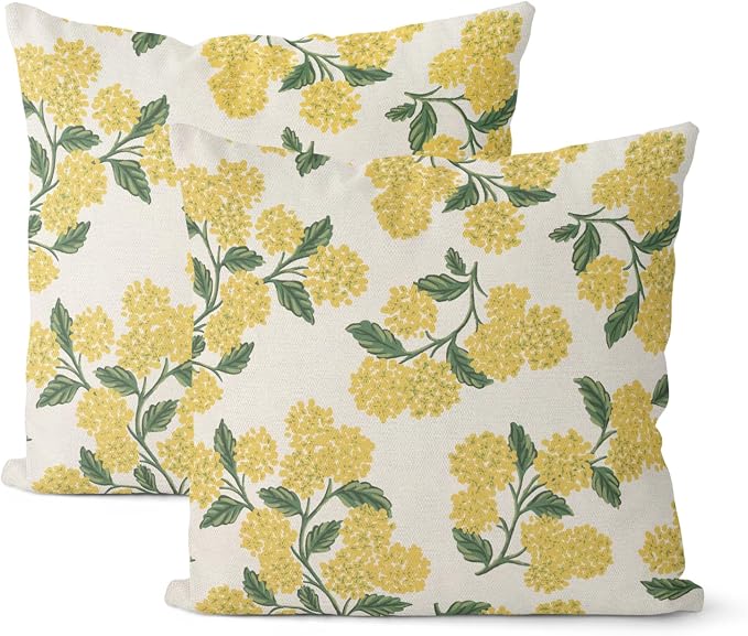Mustard Yellow Spring Pillow Covers 20x20 Inch 2 Pcs Green Hydrangea Flower by DAFENA