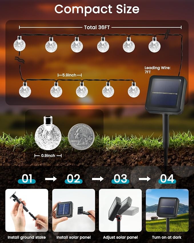 2-Pack 72FT 120 LED White Crystal Globe Solar String Lights Outdoor, Waterproof - Image 2