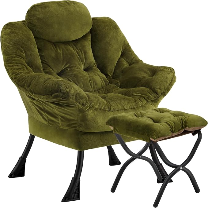 Lazy Chair with Folding Ottoman, Leisure Sofa Chair, Soft Fabric Armchair with by Congermom