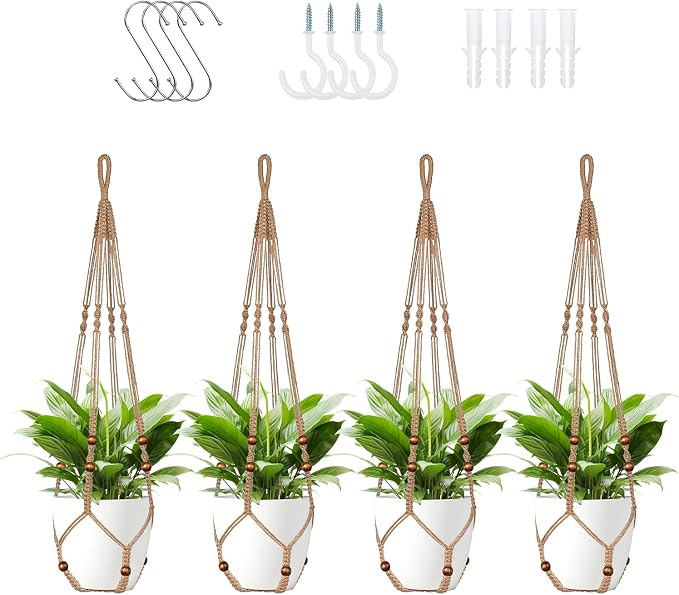 Jute Macrame Plant Hanger Indoor Set of 4 Hanging Planter Basket Flower Pot by Unknown