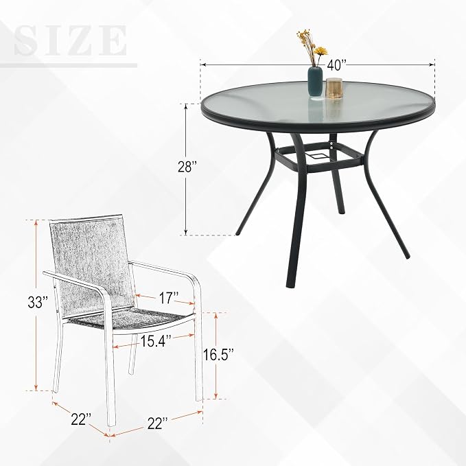 5-Piece Outdoor Dining Set, 40-Inch Round Glass Table - Image 2