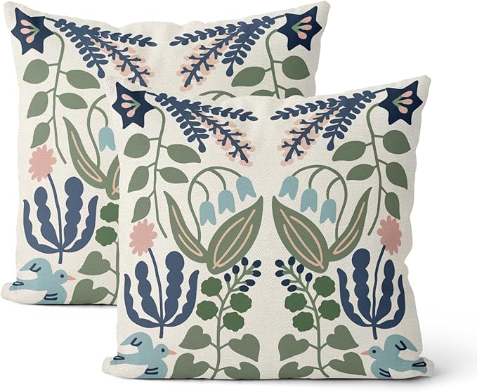 Navy Blue Boho Pillow Covers 18x18 Inch 2 Pcs Sage Green Floral Decor Throw by DAFENA