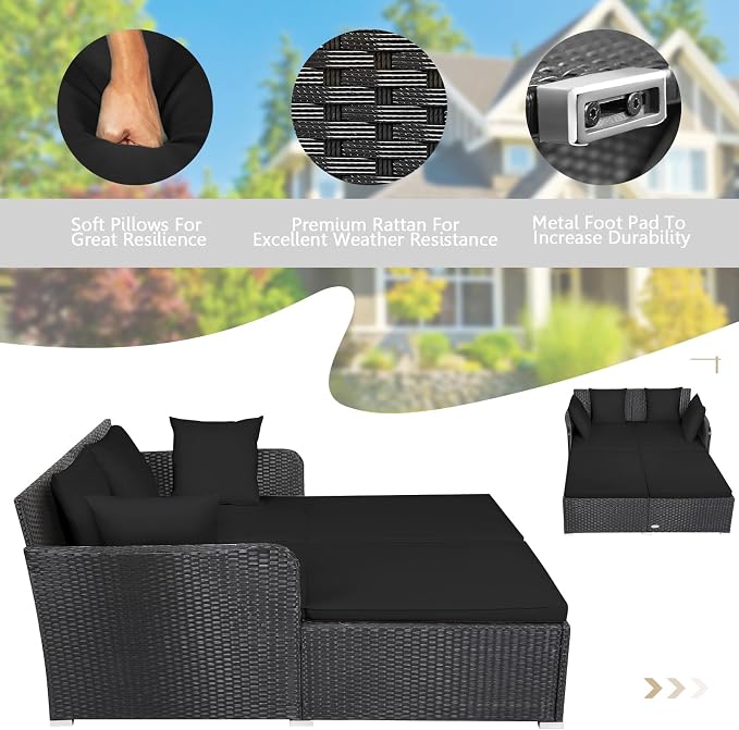 HAPPYGRILL Patio Rattan Daybed Outdoor Loveseat Sofa Set - Image 8