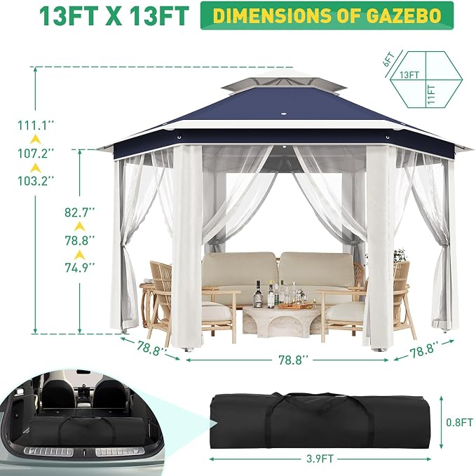 13' x 13' Pop-Up Gazebo, Hexagonal Canopy Shelter - Image 7