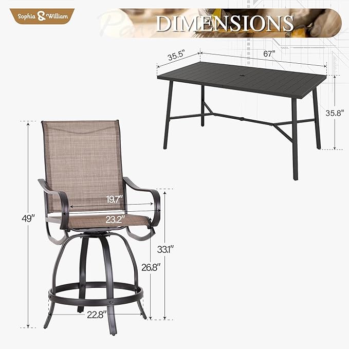 Sophia & William Outdoor Bar Set, Patio Bar Table and Chairs Set, Counter - Image 7