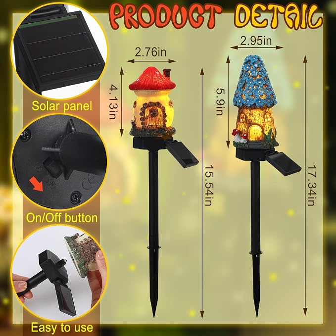 2 Pack Fairy Outdoor Garden Fairy House Mushroom Solar Light Home Statue LED - Image 2