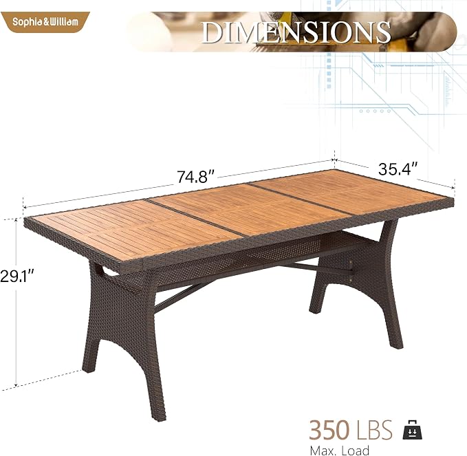 Sophia & William 74 inch Outdoor Dining Table, Acacia Wood & Wicker Patio - Image 8