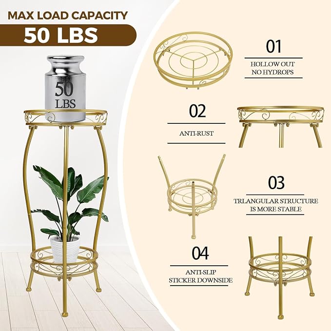 Plant Stand Indoor Outdoor，Tall Gold Metal Rustproof Stable Plant Stands，2 Tier - Image 5
