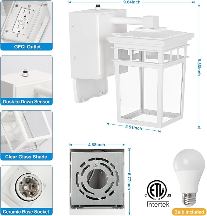 Outdoor Porch Light with GFCI Outlet Built in, Dusk to Dawn Outdoor Wall - Image 2