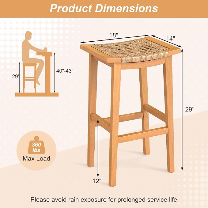 Giantex Outdoor Wooden Bar Stools Set of 4, Solid Acacia Wood Bar Height Stools - Image 3