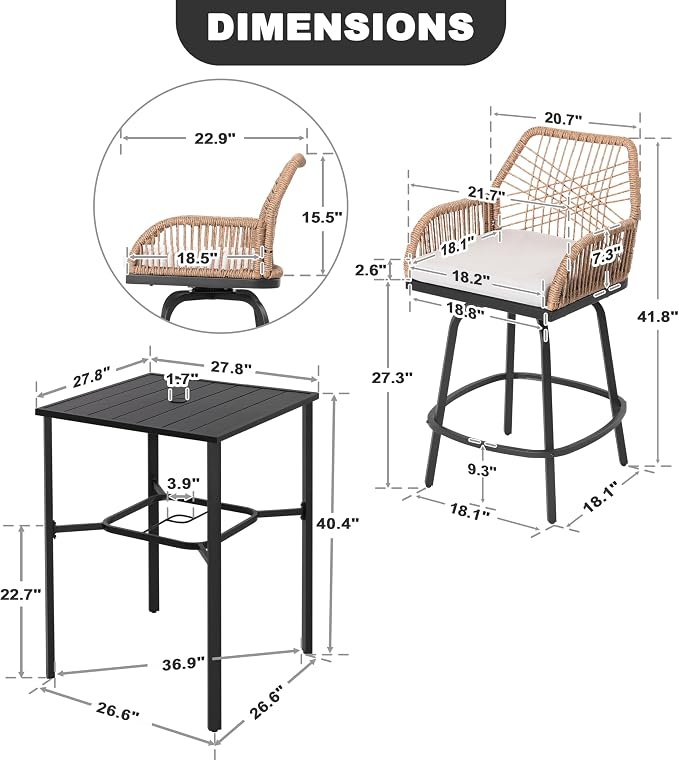 NUU GARDEN 3-Piece Patio Bar Set, All Weather Rattan Swivel Stools 360 Degree - Image 9