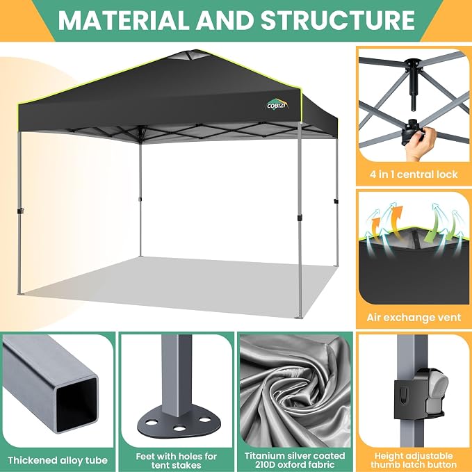 COBIZI 10x10 Pop Up Canopy Tent, Outdoor Party Tent Without Sidewall One Push - Image 5