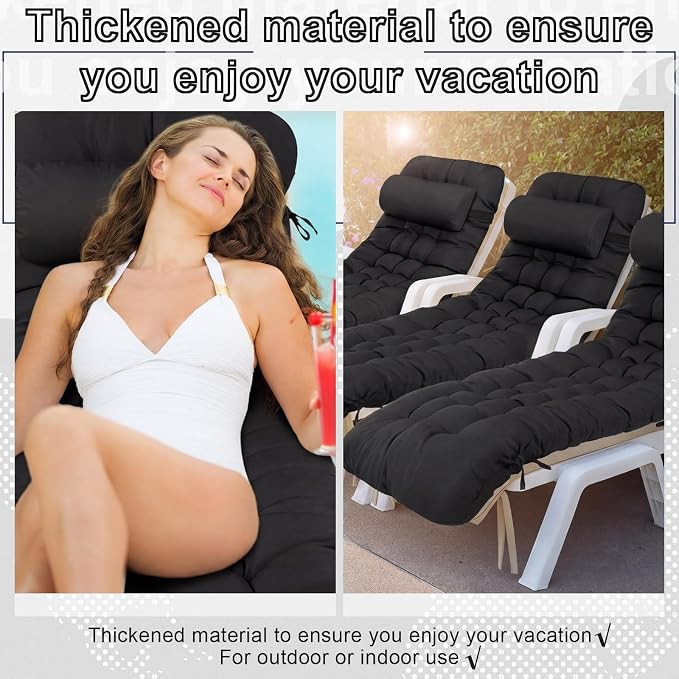 Tudomro 1 Pcs Black 66'' Outdoor Chaise Lounge Cushion Waterproof Patio Lawn - Image 6
