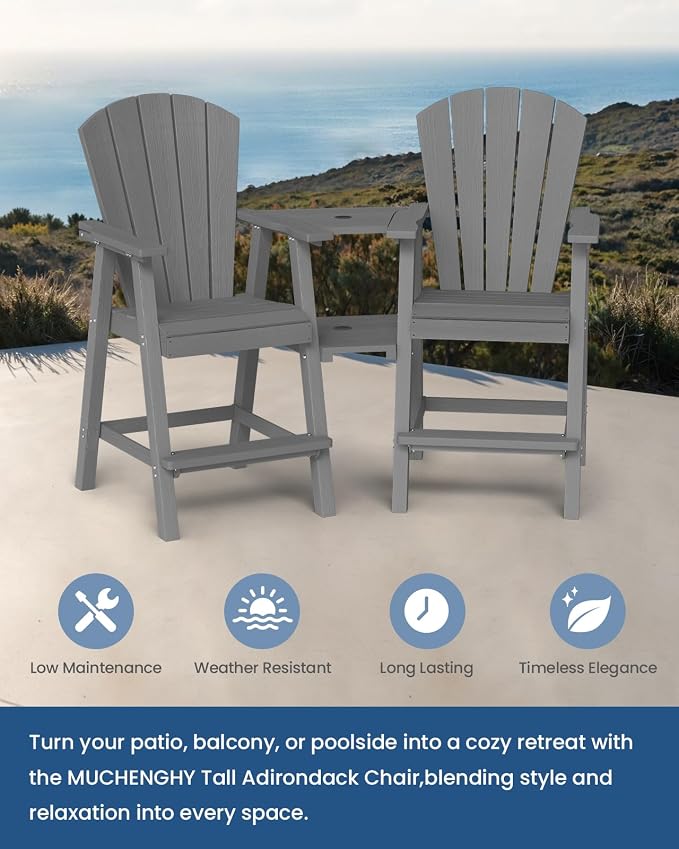 Ciokea Tall Adirondack Chairs Set of 2, HDPE Outdoor Adirondack Bar Stools - Image 7