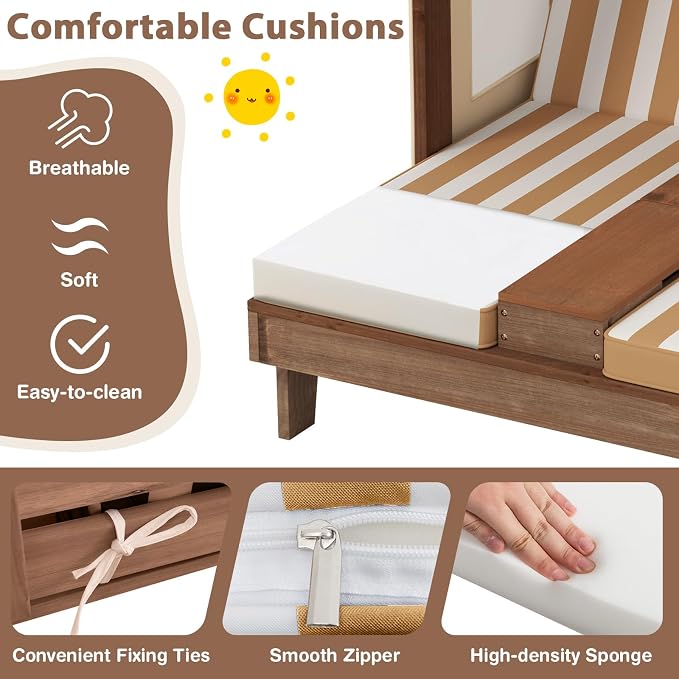 Costzon Kids Lounge Chair Outdoor, Wood Double Seat Chaise Lounge - Image 3