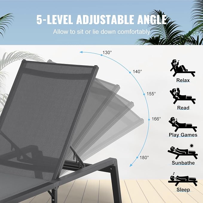 VEVOR 2 Pcs Chaise Lounge Chairs Outdoor, Aluminum Patio Lounge Chair - Image 8