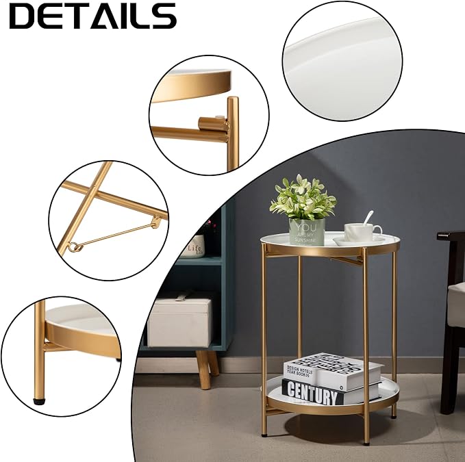 HollyHOME 2-Tier Round Gold Side Table, Outdoor Small Folding Accent Stand - Image 6