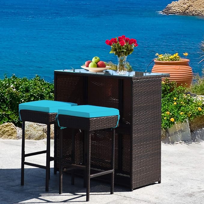 HAPPYGRILL 3-Pieces Patio Bar Set Rattan Wicker Bar Stools & Table - Image 4