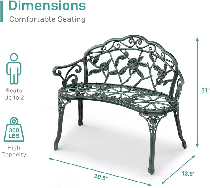 VINGLI 38.5" Patio Park Garden Outdoor Metal Rose Bench, 2-Person Cast Iron - Image 3