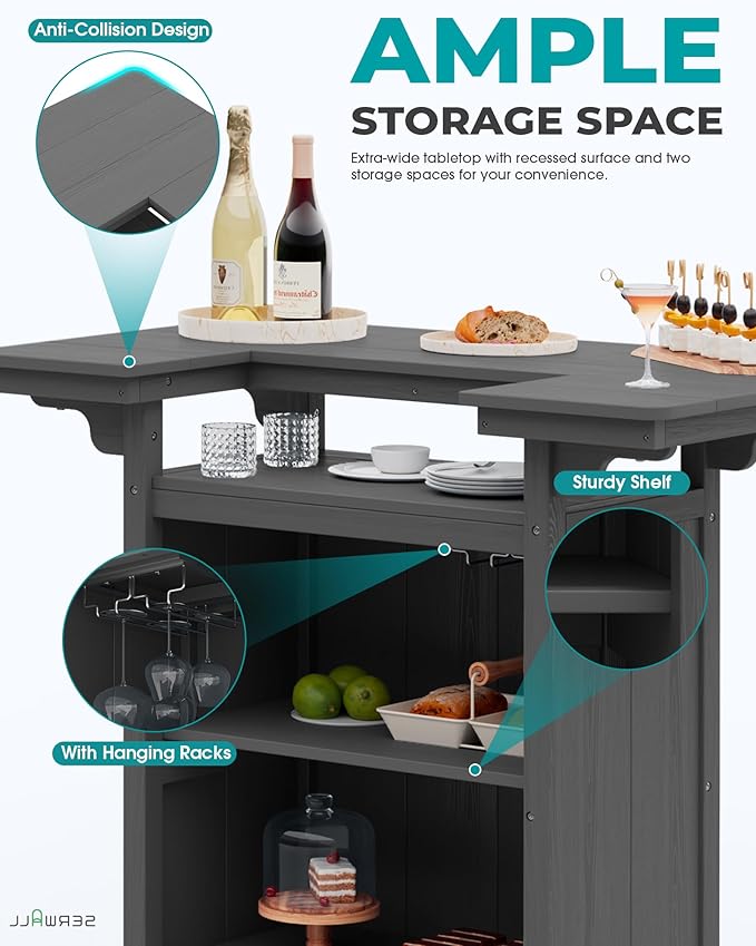 SERWALL Outdoor Bar Table Set – HDPE Grey Patio Bar Cabinet - Image 4