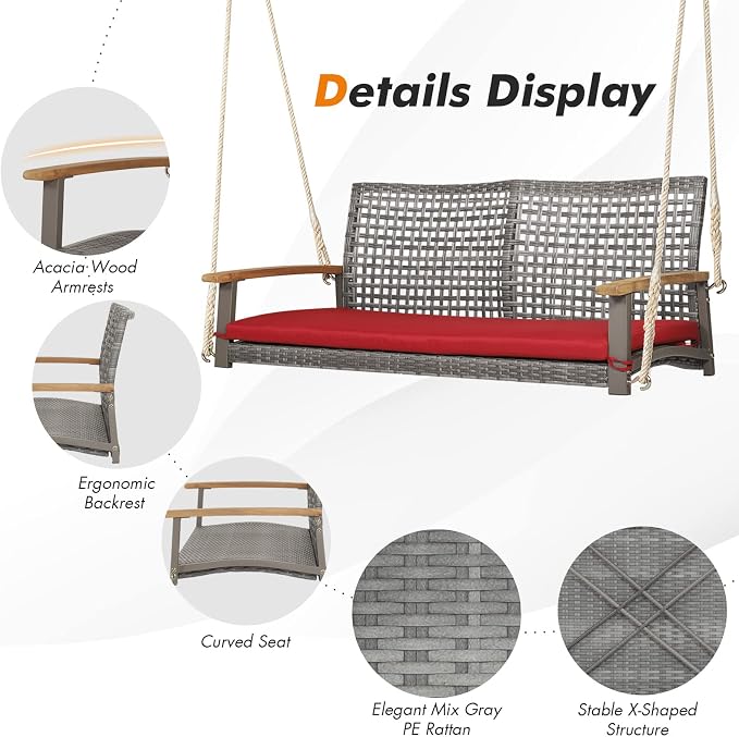 Happygrill 2-Person Patio Porch Swing Chair, Outdoor Rattan Swing Bench - Image 7