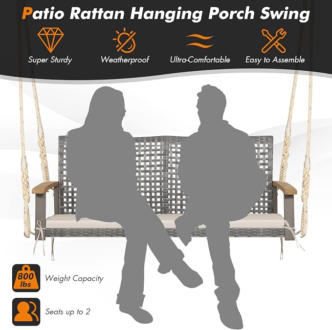 Happygrill 2-Person Patio Porch Swing Chair, Outdoor Rattan Swing Bench - Image 4
