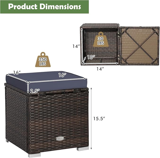 DORTALA Outdoor Storage Ottoman Wicker 2 Piece, Patio Ottomans PE Rattan Foot - Image 3