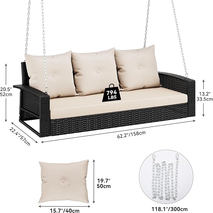 YITAHOME 3-Seats Hanging Porch Swing Chair Outdoor Black Rattan Patio Swing - Image 6
