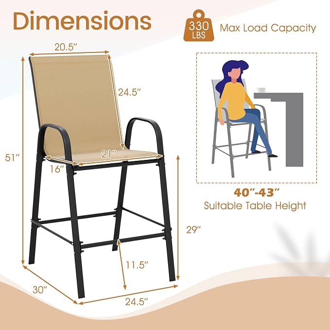 Tangkula Outdoor Bar Stools Set of 4, Enlarged Seat & Metal Frame, Tall Patio - Image 3