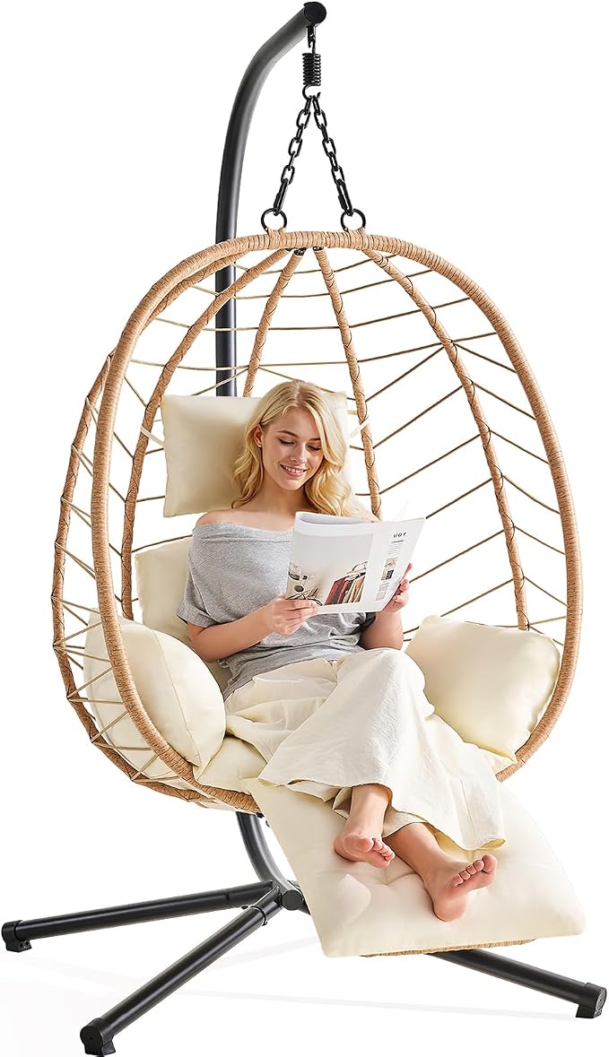 ONBRILL Hanging Egg Chair with Adjustable Footrest & Stand, Wicker Rattan Swing - Image 9