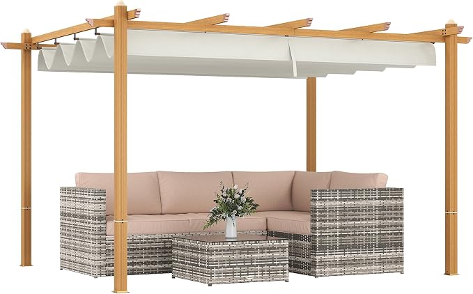 Outsunny 10' x 12' Retractable Pergola Canopy, Wood Grain Aluminum Pergola by Outsunny
