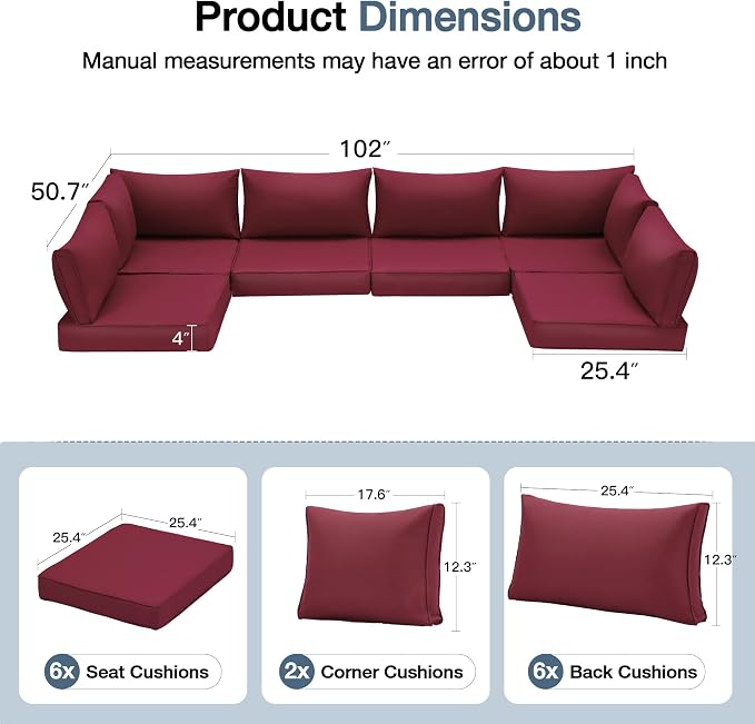 HOMREST Replacement Cushions for Outdoor Furniture, 25x25 Inch 14-Piece Patio - Image 3