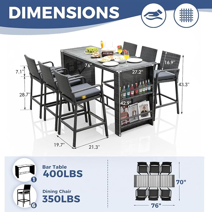 NICESOUL 7-Piece Outdoor Patio Bar Set, Wicker High Top Table - Image 4