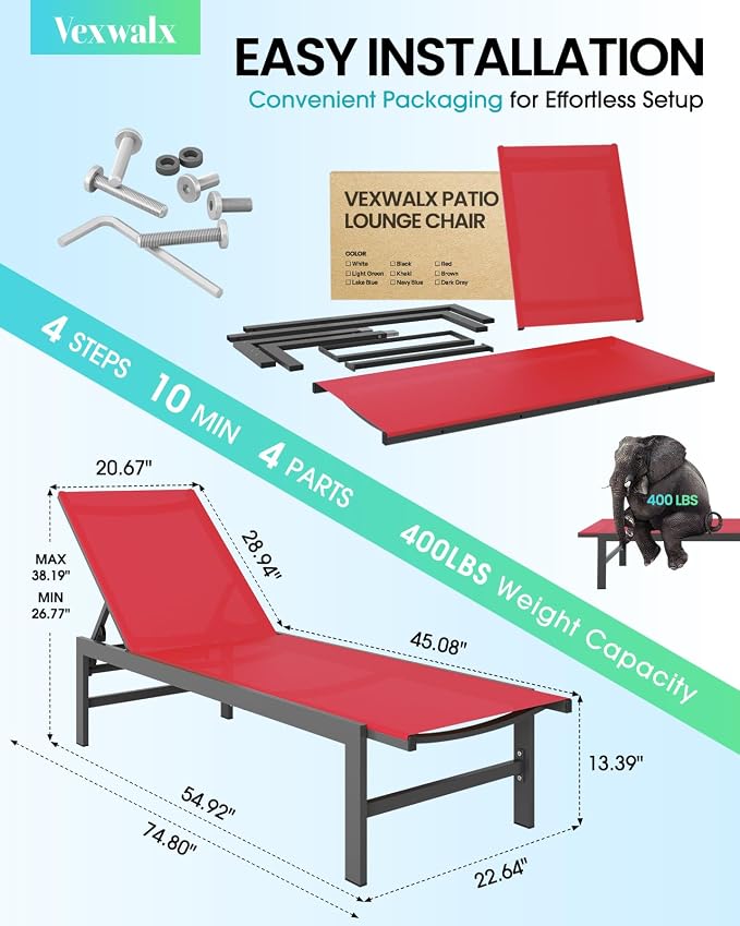 Outdoor Lounge Chairs Set of 2, Aluminum Patio Chaise Lounge Chairs - Image 3