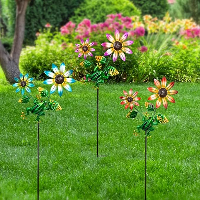 3 Pack Frog＆Flowers Garden Stakes Decor, Metal Yard Art Decorative Garden Stakes - Image 4
