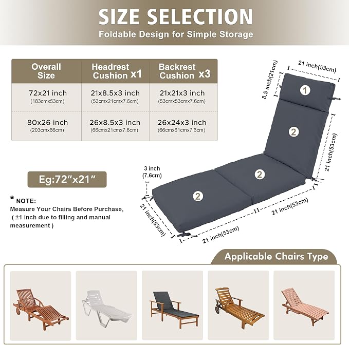 Chaise Lounge Cushion 80x26x3 Inch – Set of 2 Outdoor Lounge Chair Cushions - Image 3