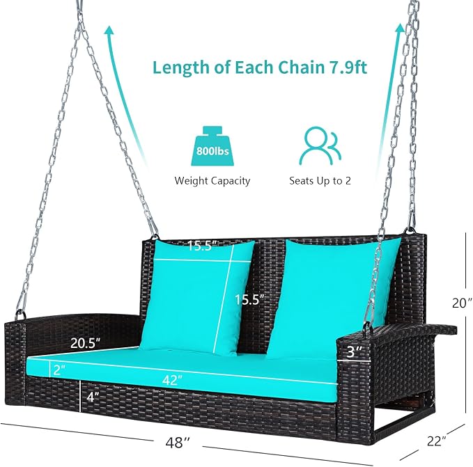 DORTALA Hanging Porch Swing, 2-Person Outdoor Wicker Swing Chair Bench - Image 5