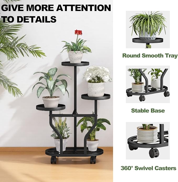 Plant Stand with Wheels 3 Tier Metal Plant Holder Corner Flower Shelf - Image 4