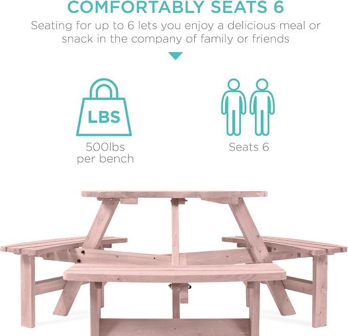 Best Choice Products 6-Person Circular Outdoor Wooden Picnic Table - Image 4