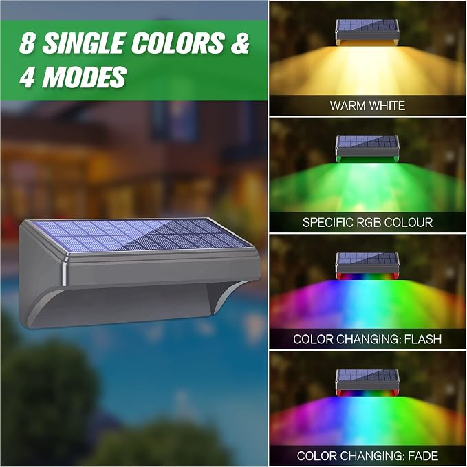 Bridika Solar Fence Lights, 8 Pack Plus Size, Warm & RGB Color Changing - Image 2