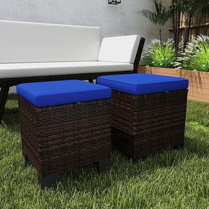 SSLine Outdoor Rattan Ottoman Set, 15.7W x 15.7D x 18.1H inches, All Weather by SSLine