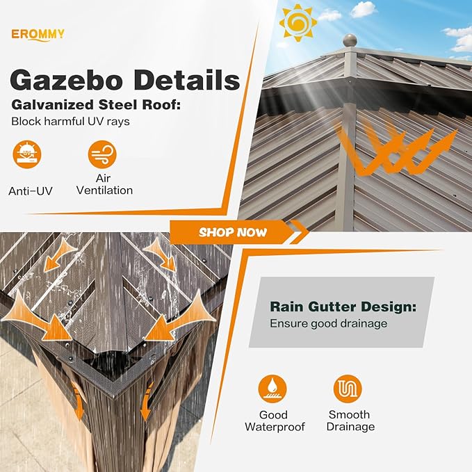 EROMMY 14'x20' Hardtop Gazebo Double Roof Galvanized Steel Canopy Outdoor - Image 3